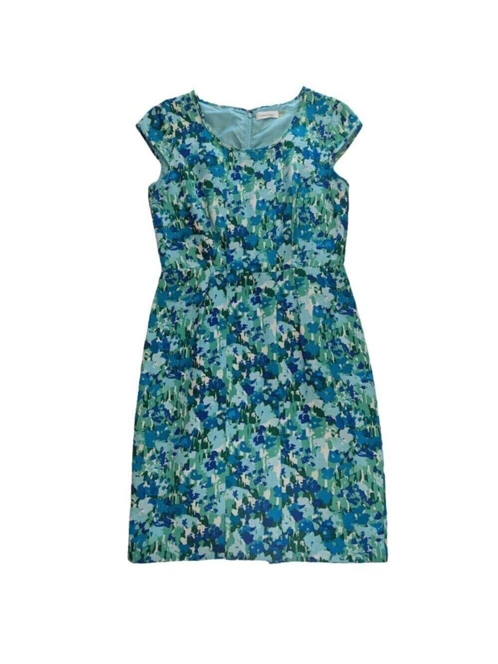 Calvin Klein Linen Blend Blue Green Floral Sheath Dress Classic Chic *SZ 4